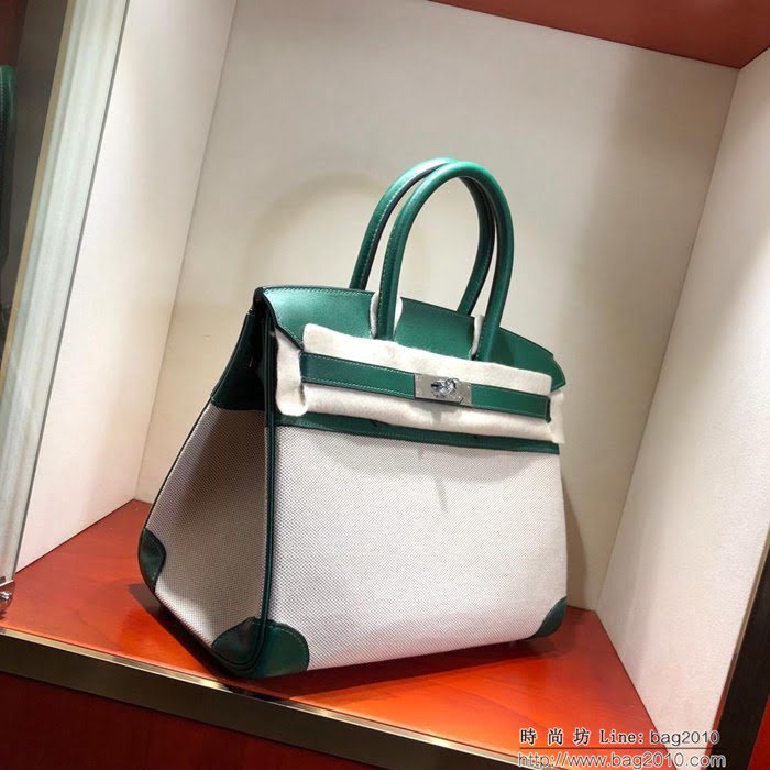 HERMES愛馬仕 鉑金包 Birkin30Cm Swift拼帆布 Z6 Malachite 孔雀綠 銀扣 頂級工藝 手縫蠟線 無敵限量版 古董包  Ama1603